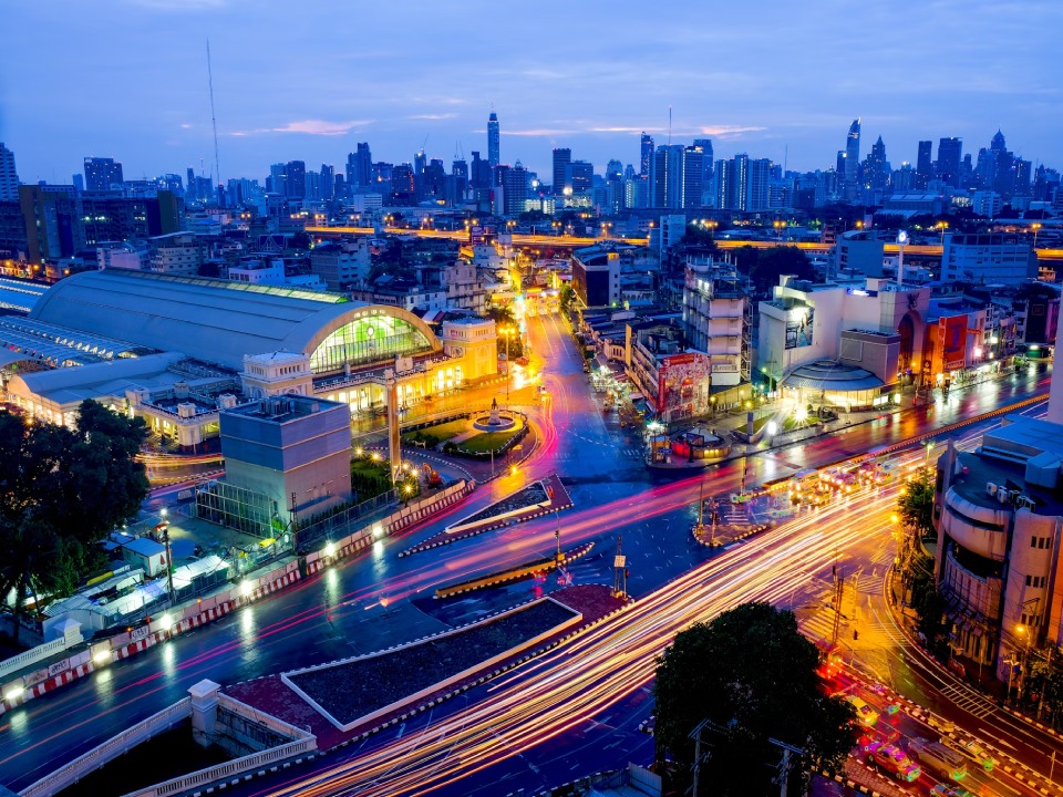 Aerial view of city at night