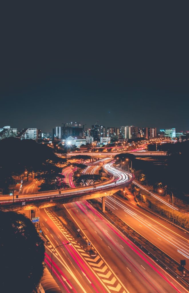 Aerial view of a highway at night